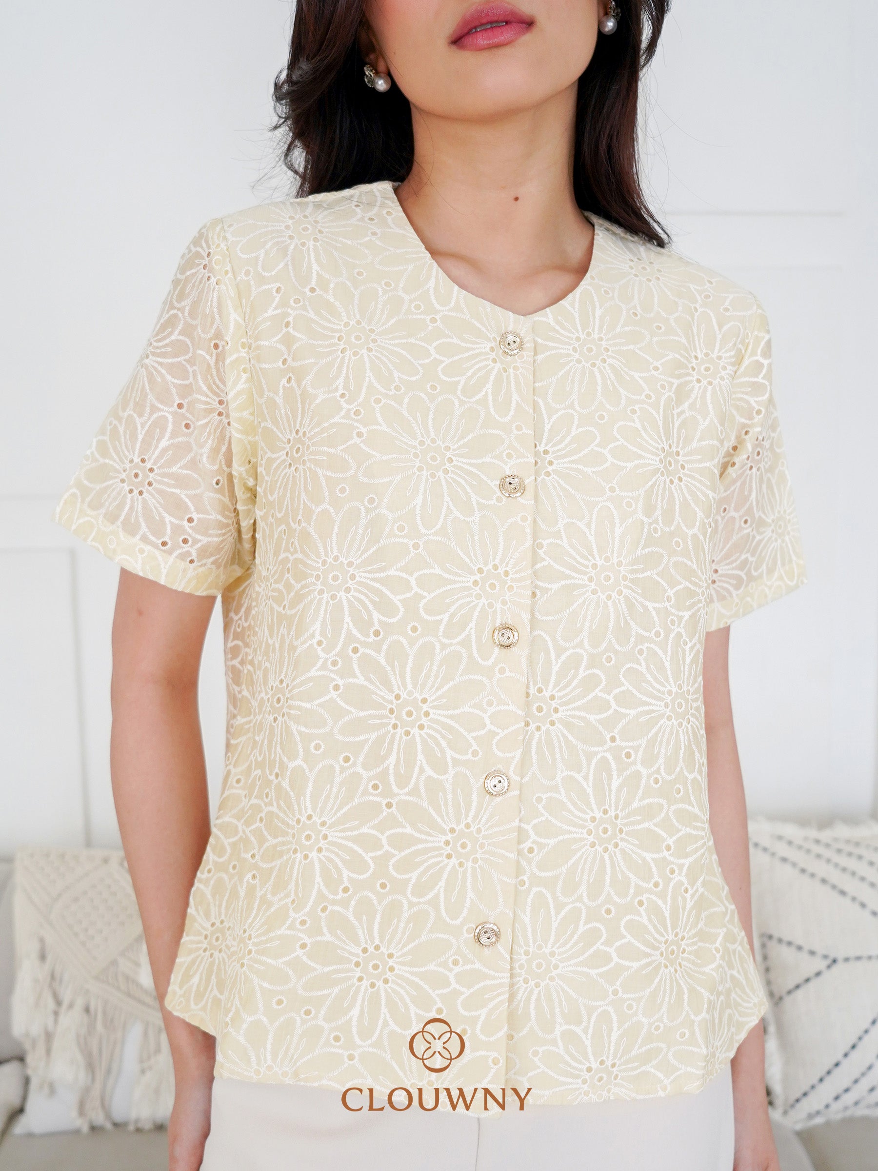 Forest Button Embroidery Blouse - Yellow